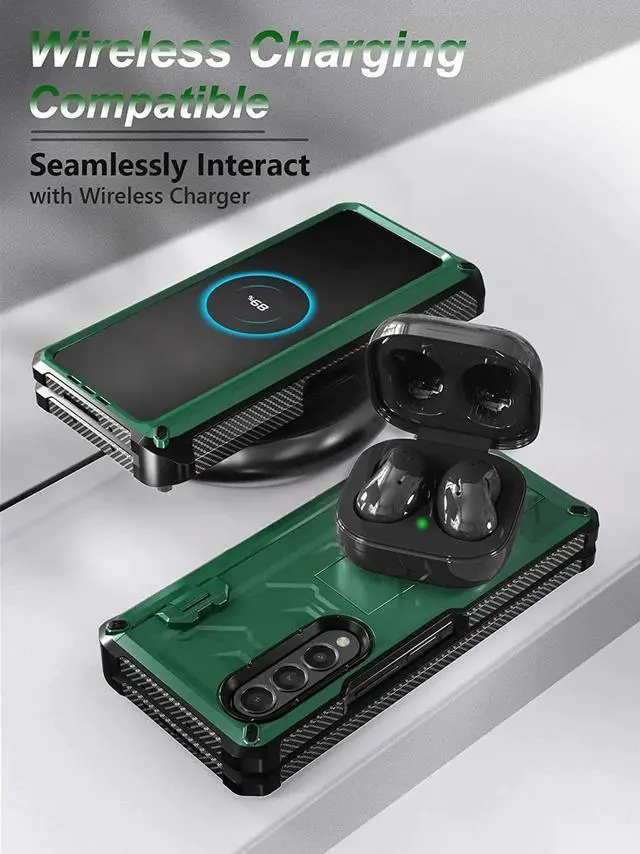 Alt view image 7 of 7 - For Samsung Galaxy Z Fold 4 Case with S Pen Holder Built-in Kickstand & Screen Protector, 360° Full-Body & Hinge Protection Rugged Heavy Duty Phone Cover for Galaxy Z Fold 4 2022 5G Green