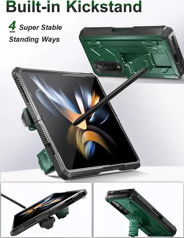 Alt view image 2 of 7 - For Samsung Galaxy Z Fold 4 Case with S Pen Holder Built-in Kickstand & Screen Protector, 360° Full-Body & Hinge Protection Rugged Heavy Duty Phone Cover for Galaxy Z Fold 4 2022 5G Green