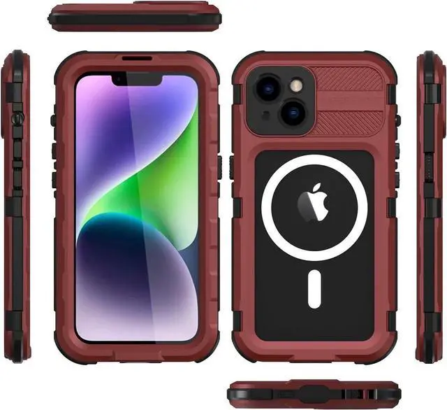 Alt view image 4 of 7 - iPhone 14 Plus 6.7 inch Waterproof Case, MagSafe Compatible, Built-in Screen Protector IP68 Underwater Dustproof 360 Full Body Shockproof Protective Cover Red