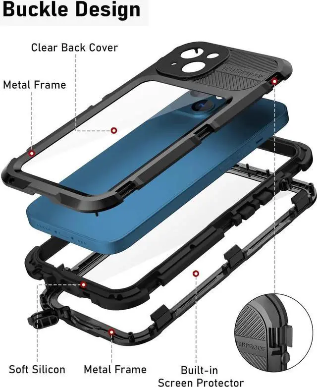 Alt view image 4 of 7 - iPhone 13 Waterproof Metal Case with Built-in Screen Protector [15FT Military Grade Shockproof][IP68 Water Proof], Full Body Aluminum Protective Drop Protection Cover for iPhone 13 6.1 inch