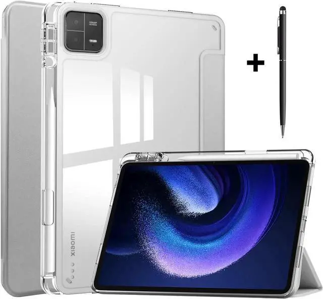Main image of Protective Case for Xiaomi Mi Pad 6 / 6 Pro 11 Inch 2023 with S Pen Holder, Universal Stylus Pen,Transparent Hard Shell Back Trifold Smart Stand Cover Silver