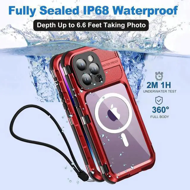 Alt view image 5 of 7 - Waterproof Case for iPhone 15 Pro Max 6.7 inch, Built-in [Screen Protector] [IP68 Water Proof] [14FT Military Grade Shockproof], Metal Full Body Aluminum Protective Drop Protection Cover Red
