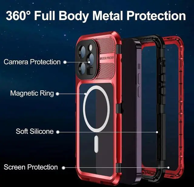 Alt view image 7 of 7 - Waterproof Case for iPhone 15 Pro Max 6.7 inch, Built-in [Screen Protector] [IP68 Water Proof] [14FT Military Grade Shockproof], Metal Full Body Aluminum Protective Drop Protection Cover Red