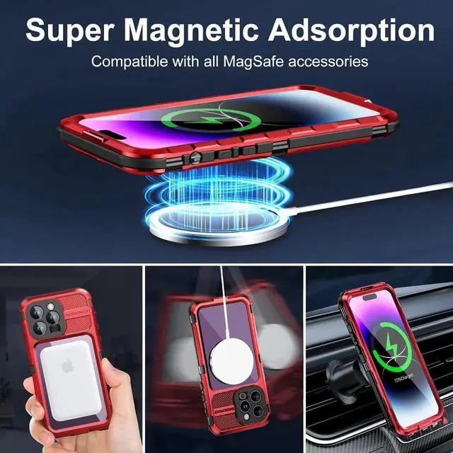 Alt view image 6 of 7 - Waterproof Case for iPhone 15 Pro Max 6.7 inch, Built-in [Screen Protector] [IP68 Water Proof] [14FT Military Grade Shockproof], Metal Full Body Aluminum Protective Drop Protection Cover Red