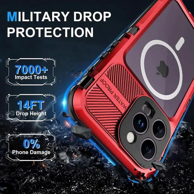 Alt view image 3 of 7 - Waterproof Case for iPhone 15 Pro Max 6.7 inch, Built-in [Screen Protector] [IP68 Water Proof] [14FT Military Grade Shockproof], Metal Full Body Aluminum Protective Drop Protection Cover Red