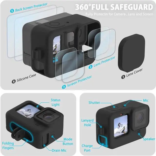 Alt view image 5 of 7 - Silicone Sleeve Case for GoPro Hero 12 / Hero 11 / Hero 10 / Hero 9 Black, Battery Side Cover & Screen Protectors & Lens Caps & Lanyard for Go Pro Hero 12/11/10/9 Accessories Kit