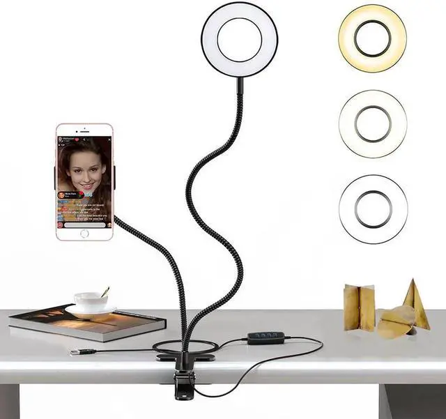 Main image of Selfie Ring Light with Cell Phone Holder Stand for Live Stream / Makeup, Clip Lazy Bracket for iPhone / Android, [3-Light Mode] [10-Level Brightness] LED Desk Lamp for Kitchen, Bedroom
