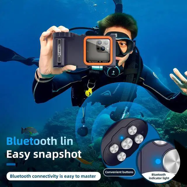 Alt view image 7 of 7 - Universal Waterproof Phone Case for Snorkeling Diving Swimming Surfing Scuba Bluetooth Control for Phone16/15/14 Pro Max Samsung Galaxy S25/S24/S23 Ultra up to 6.9" Blue