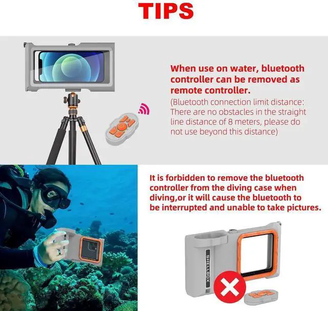 Alt view image 6 of 7 - [50 ft/15m] Diving Phone Case with Bluetooth Remote Control, Universal Cell Phone Waterproof Case for Surfing Swimming Snorkeling, Deep Underwater Protection Case for iPhone and Android Phones Gray