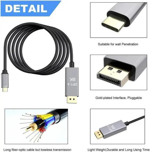 Alt view image 3 of 7 - USB C to DisplayPort 1.4 Cable 8K @30Hz 4K @144Hz USB 3.1 Type C Thunderbolt 3 to DP Cable for MacBook 2017 DellXPS 15 Disply XDR Galaxy - 10 FEET