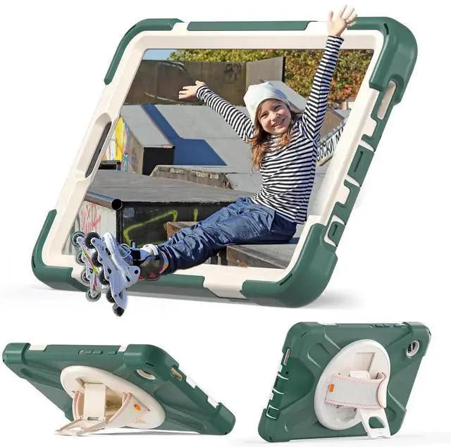 Alt view image 4 of 7 - Case for Samsung Galaxy Tab A9 8.7 inch 2023 SM-X110/SM-X115/SM-X117 Shockproof Hard Protective Cover with 360 Rotating Hand Strap, Stand, Shoulder Strap, Screen Protector, Stylus Pen (Dark Green)
