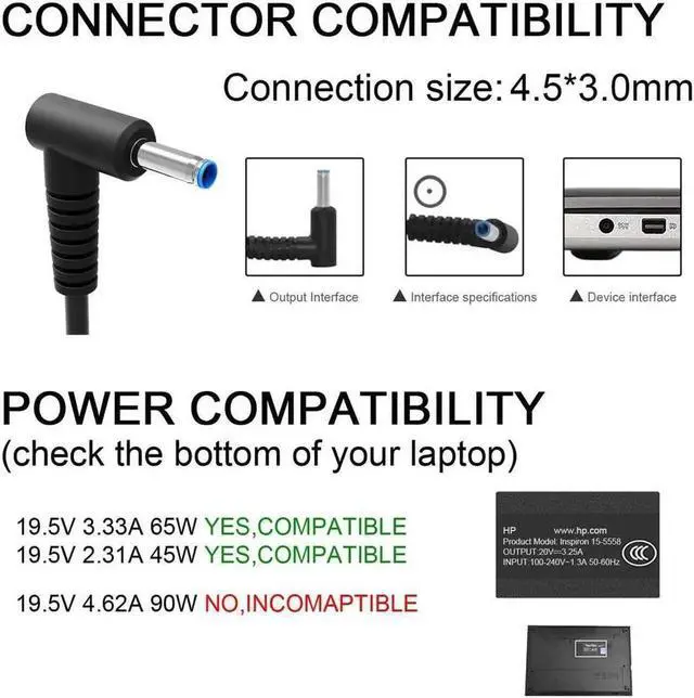 Alt view image 5 of 7 - Smart Blue Tip 65W 45W AC Adapter Power Supply Laptop Charger for HP Chromebook,Stream,X360 Pavilion, Envy,Spectre, Elitebook, ProBook, and More