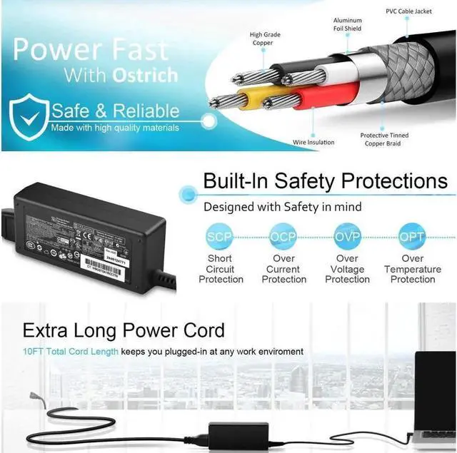 Alt view image 4 of 7 - Smart Blue Tip 65W 45W AC Adapter Power Supply Laptop Charger for HP Chromebook,Stream,X360 Pavilion, Envy,Spectre, Elitebook, ProBook, and More