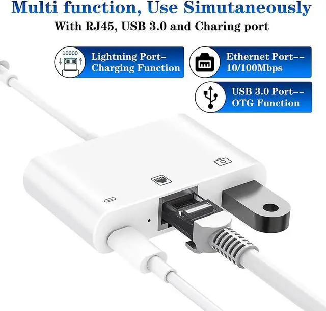 Alt view image 3 of 6 - Lightning to RJ45 Adapter, 3 in 1 RJ45 Ethernet LAN Network Adapter with USB Camera Adapter and Charge Port Compatible with iPhone/iPad/iPod, Plug and Play, Supports 100Mbps Ethernet Network