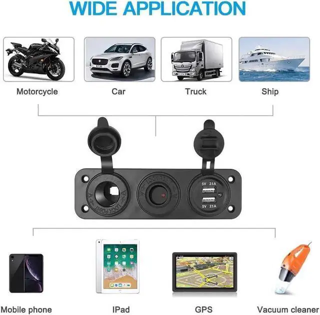 Alt view image 5 of 7 - Dual USB Socket Charger 2.1A & 2.1A with LED Power Indicator + 12V Power Outlet Cigarette Lighter Socket + ON-Off Toggle Switch Triple Function Panel for Car Boat Marine Vehicles