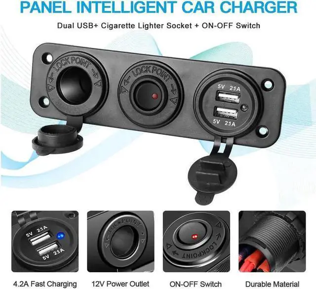 Alt view image 4 of 7 - Dual USB Socket Charger 2.1A & 2.1A with LED Power Indicator + 12V Power Outlet Cigarette Lighter Socket + ON-Off Toggle Switch Triple Function Panel for Car Boat Marine Vehicles