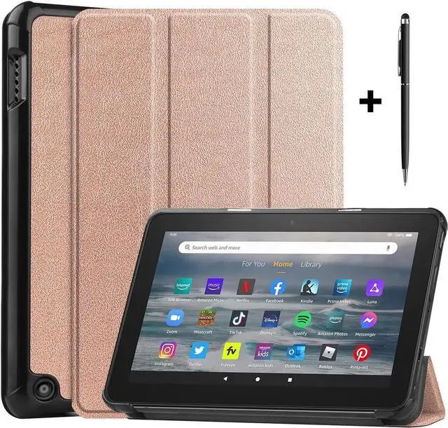 Main image of Case for All New Amazon Fire 7 inch Tablet (12th Generation, 2022 Released) - Lightweight Tri-fold Stand Auto Wake/Sleep Folio Stand Cover with Universal Stylus Pen Rose Gold