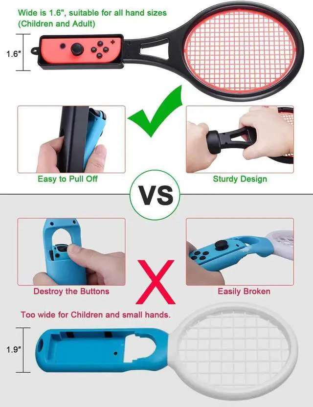 Alt view image 4 of 7 - Tennis Racket for Nintendo Switch Joy-Con Tendak Game Accessories for Mario Tennis Aces Game with 12 in 1 Game Card Case - 2 Pack Black + Red