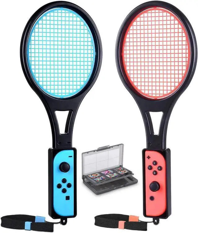 Main image of Tennis Racket for Nintendo Switch Joy-Con Tendak Game Accessories for Mario Tennis Aces Game with 12 in 1 Game Card Case - 2 Pack Black + Red
