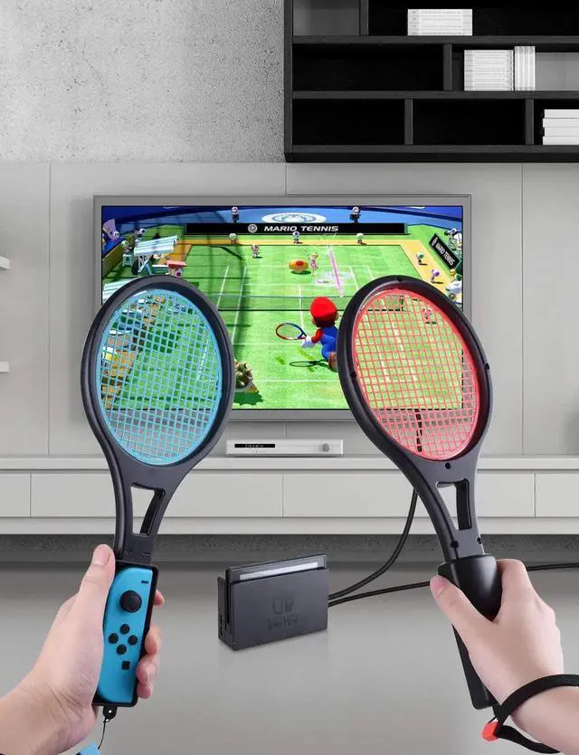 Alt view image 6 of 7 - Tennis Racket for Nintendo Switch Joy-Con Tendak Game Accessories for Mario Tennis Aces Game with 12 in 1 Game Card Case - 2 Pack Black + Red