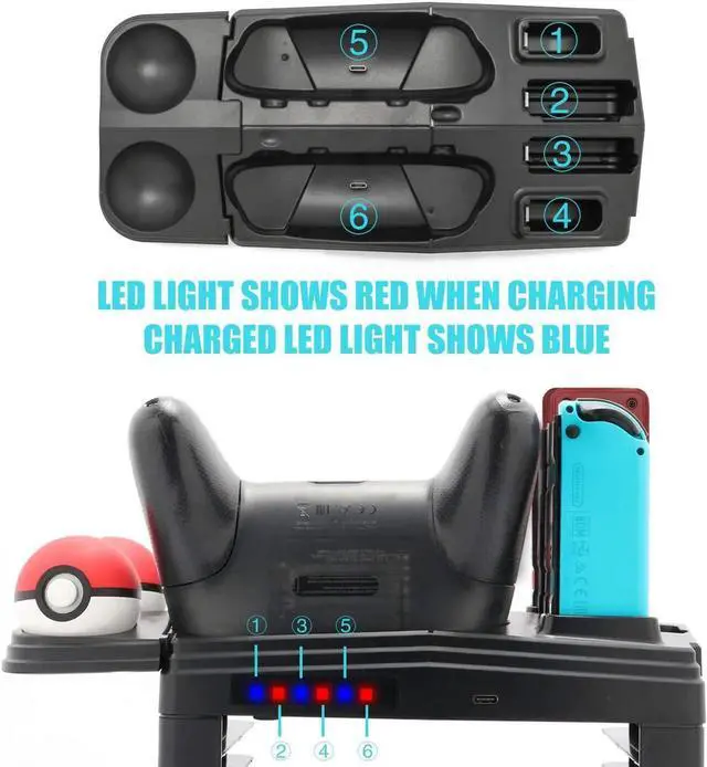 Alt view image 7 of 7 - Controller Charger for Nintendo Switch Charging Dock for Nintendo Switch 4 Joy-Cons 4 Pro Controllers and 2 Poke Ball Plus Controllers Storage Rack for Nintendo Switch Holder for 8 Switch Games