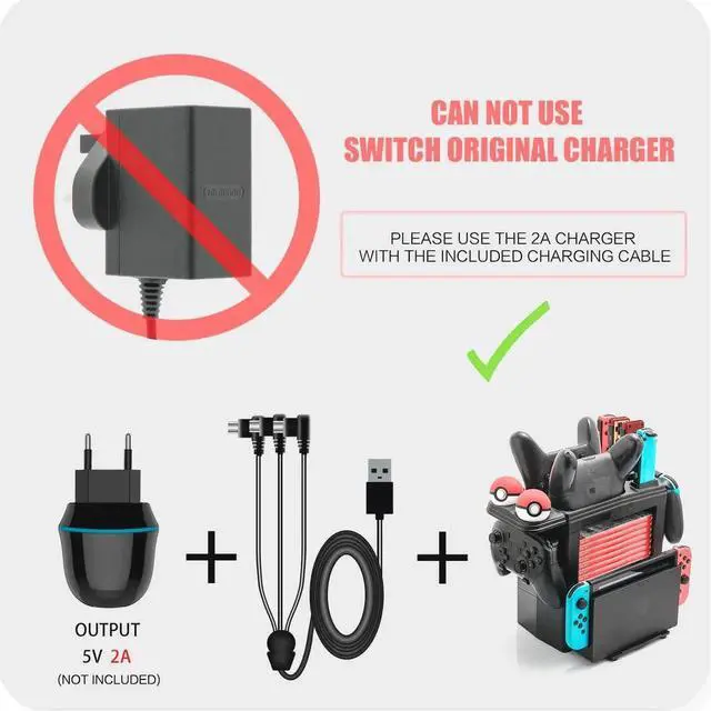 Alt view image 3 of 7 - Controller Charger for Nintendo Switch Charging Dock for Nintendo Switch 4 Joy-Cons 4 Pro Controllers and 2 Poke Ball Plus Controllers Storage Rack for Nintendo Switch Holder for 8 Switch Games