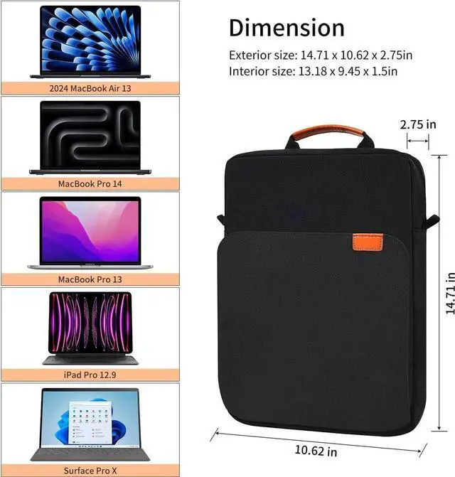 Alt view image 5 of 7 - 13 - 14 Inch Laptop Shoulder Bag Carrying Case for Macbook Air 13" M4 M3 M2 A3420 A3113/ MacBook Pro 14 M4 M3 M2 M1/ 13" iPad Pro M4/ iPad Air M3 M2 2025, Vertical Laptop Sleeve Handbag