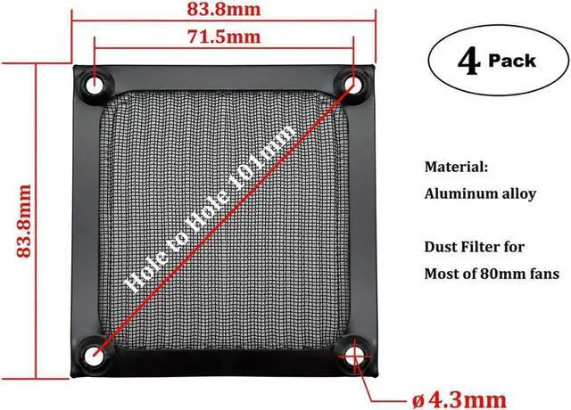 Alt view image 7 of 7 - 80mm Computer Fan Filter Grills with Screws Aluminum Frame Ultra Fine Stainelss Steel Mesh - 4 Pack