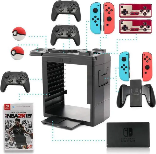 Alt view image 7 of 7 - Controller Charger for Nintendo Switch Charging Dock for Nintendo Switch 4 Joy-Cons 4 Pro Controllers and 2 Poke Ball Plus Controllers Storage Rack for Nintendo Switch Holder for 8 Switch Games