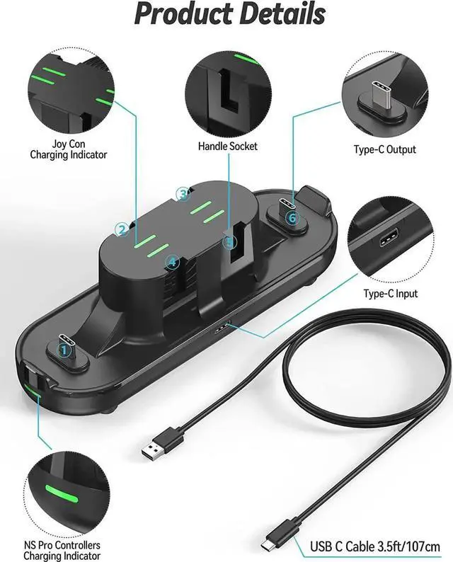 Alt view image 7 of 7 - Switch Charge Dock Controller Charger 6-in-1 Charging Station Compatible with 4 Joy Cons and 2 NS Pro/PS5/Xbox One/Xbox Series Controllers Type C Charging Cable Fast Charging