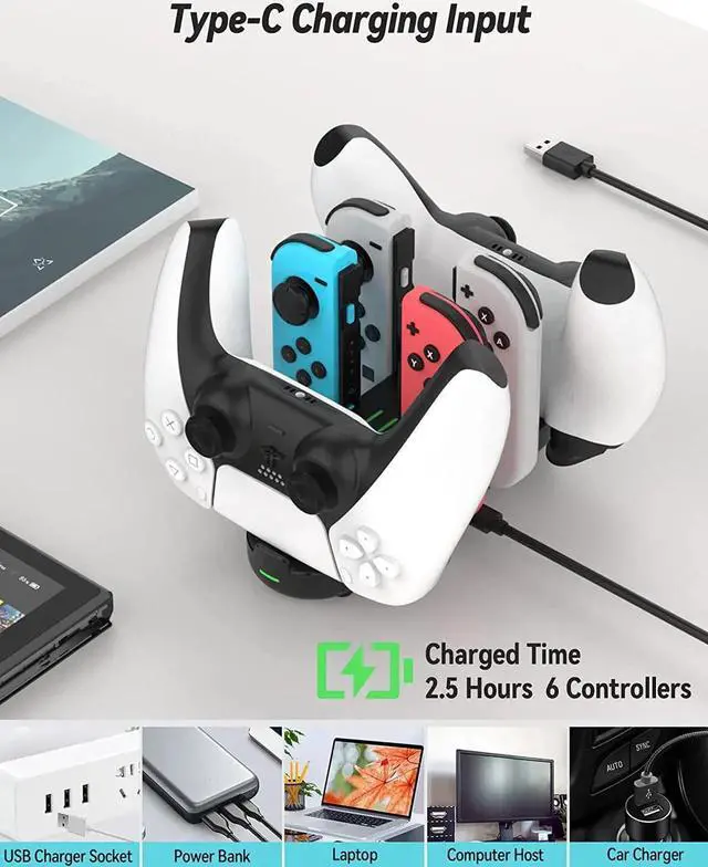 Alt view image 5 of 7 - Switch Charge Dock Controller Charger 6-in-1 Charging Station Compatible with 4 Joy Cons and 2 NS Pro/PS5/Xbox One/Xbox Series Controllers Type C Charging Cable Fast Charging