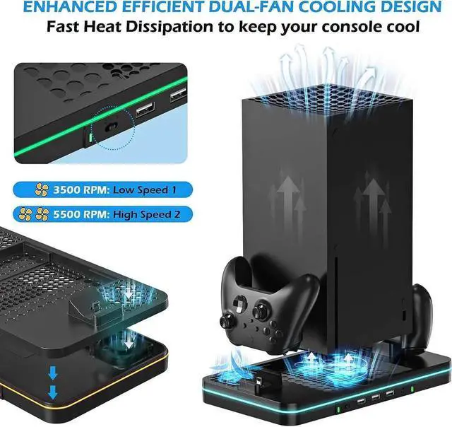 Alt view image 6 of 7 - Cooling Fan for Xbox Series X/S, Controller Charging Station with 2 X 1100 mAh Rechargeable Battery Packs, Cooling Stand Dual Controller Charging Dock with RGB LED Light, 3 USB Ports for Xbox Series X