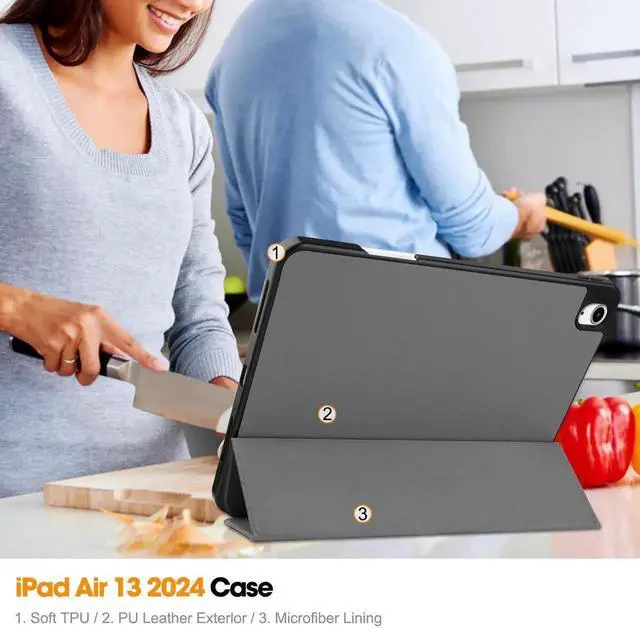 Alt view image 2 of 7 - Case for iPad Air 13 Inch M3 2025 / M2 2024, Slim Smart Stand Cover Protective Cover with Pencil Holder, Stand, Universal Stylus Pen,Support Pencil Charging + Auto Wake/Sleep Grey