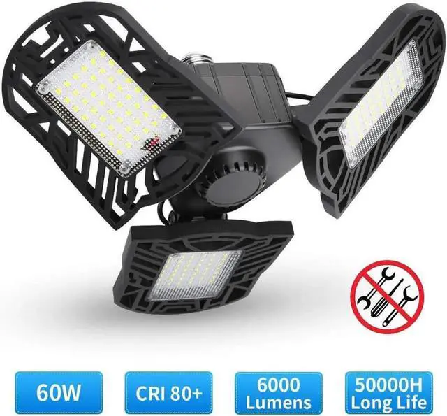 Main image of LED Garage Lights 6000LM Deformable Garage Ceiling Lights 60W E26 / E27 Basement Light Ultra-Bright Trilight Lamp Set with 3 Adjustable Panels 6000K Daylight for Garage Warehouse Workshop