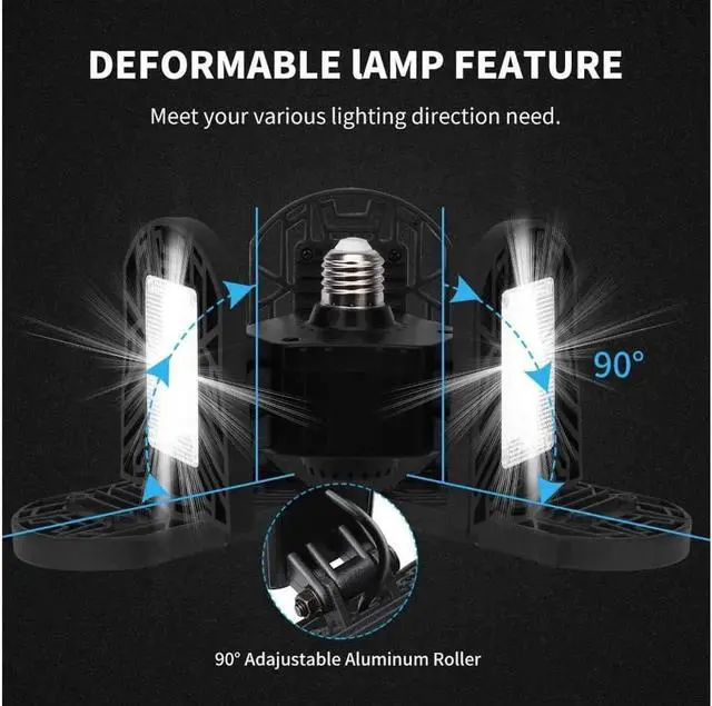 Alt view image 5 of 7 - LED Garage Lights 6000LM Deformable Garage Ceiling Lights 60W E26 / E27 Basement Light Ultra-Bright Trilight Lamp Set with 3 Adjustable Panels 6000K Daylight for Garage Warehouse Workshop