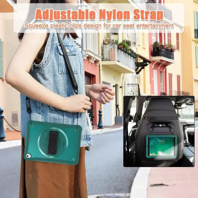 Alt view image 7 of 7 - Case For iPad 6th 5th Generation, iPad 9.7 Inch 2018 2017, iPad Air 2, iPad Pro 9.7 Shcokproof Cover with Transparent Back, Pencil Holder, Rotating Stand, Hand/Shoulder Strap, Stylus Pen Dark Green