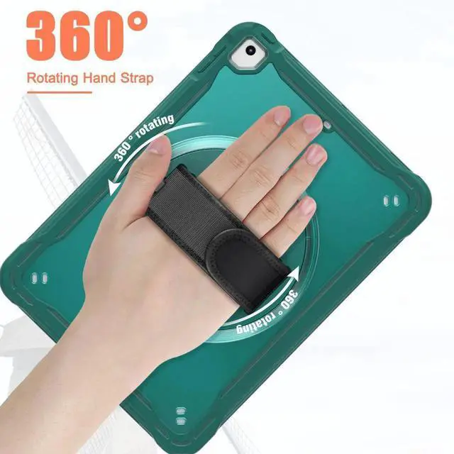 Alt view image 2 of 7 - Case For iPad 6th 5th Generation, iPad 9.7 Inch 2018 2017, iPad Air 2, iPad Pro 9.7 Shcokproof Cover with Transparent Back, Pencil Holder, Rotating Stand, Hand/Shoulder Strap, Stylus Pen Dark Green