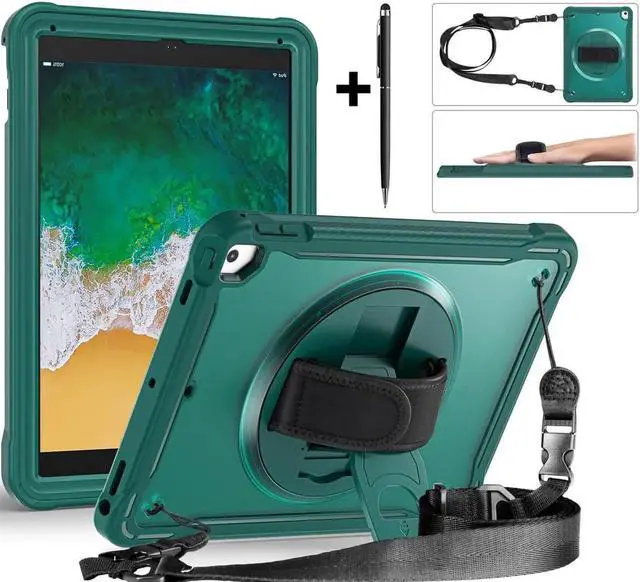 Main image of Case For iPad 6th 5th Generation, iPad 9.7 Inch 2018 2017, iPad Air 2, iPad Pro 9.7 Shcokproof Cover with Transparent Back, Pencil Holder, Rotating Stand, Hand/Shoulder Strap, Stylus Pen Dark Green