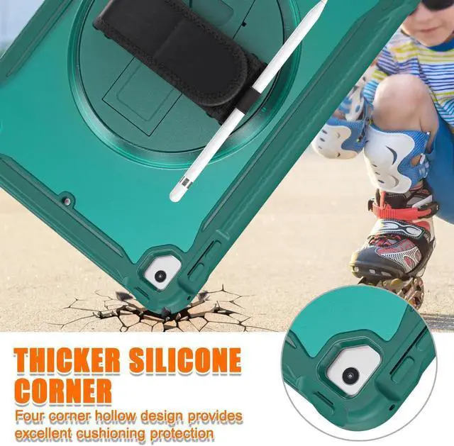 Alt view image 4 of 7 - Case For iPad 6th 5th Generation, iPad 9.7 Inch 2018 2017, iPad Air 2, iPad Pro 9.7 Shcokproof Cover with Transparent Back, Pencil Holder, Rotating Stand, Hand/Shoulder Strap, Stylus Pen Dark Green