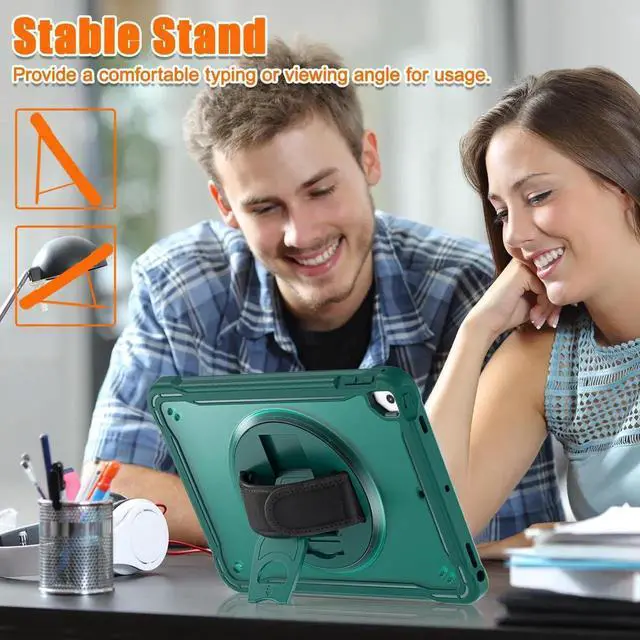 Alt view image 5 of 7 - Case For iPad 6th 5th Generation, iPad 9.7 Inch 2018 2017, iPad Air 2, iPad Pro 9.7 Shcokproof Cover with Transparent Back, Pencil Holder, Rotating Stand, Hand/Shoulder Strap, Stylus Pen Dark Green