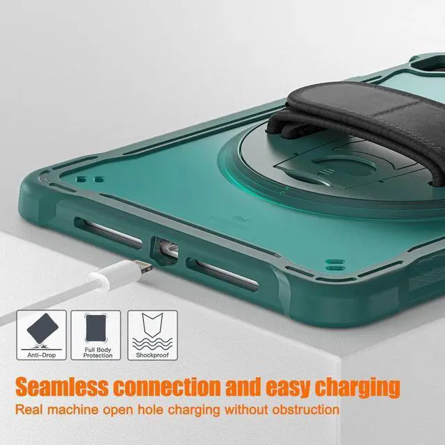 Alt view image 3 of 7 - Case For iPad 6th 5th Generation, iPad 9.7 Inch 2018 2017, iPad Air 2, iPad Pro 9.7 Shcokproof Cover with Transparent Back, Pencil Holder, Rotating Stand, Hand/Shoulder Strap, Stylus Pen Dark Green