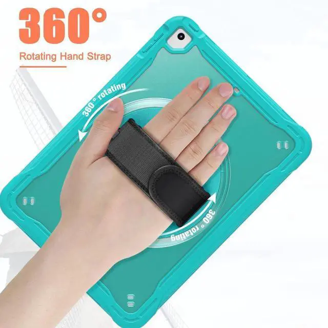 Alt view image 7 of 7 - Case For iPad 6th 5th Generation, iPad 9.7 Inch 2018 2017, iPad Air 2, iPad Pro 9.7 Shcokproof Cover with Transparent Back, Pencil Holder, Rotating Stand, Hand/Shoulder Strap, Stylus Pen Light Blue