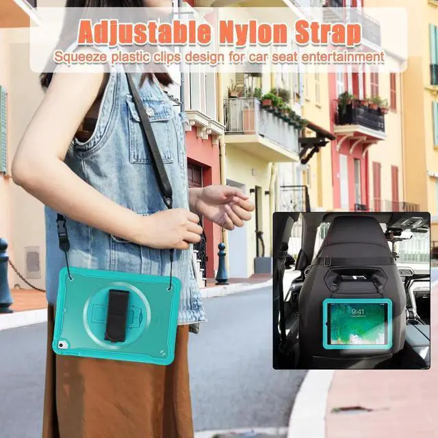 Alt view image 5 of 7 - Case For iPad 6th 5th Generation, iPad 9.7 Inch 2018 2017, iPad Air 2, iPad Pro 9.7 Shcokproof Cover with Transparent Back, Pencil Holder, Rotating Stand, Hand/Shoulder Strap, Stylus Pen Light Blue