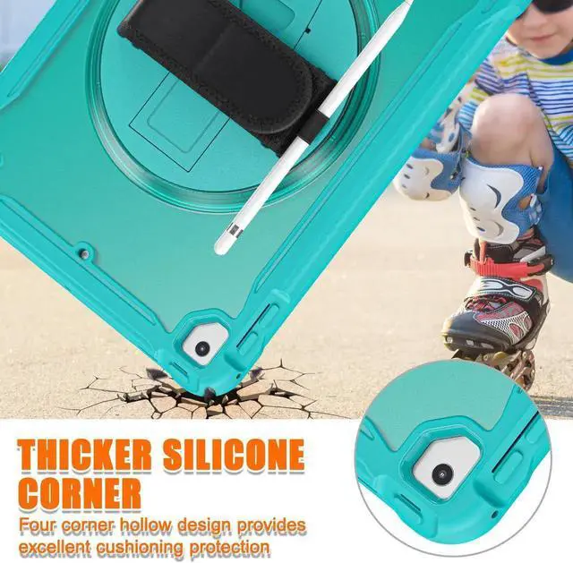 Alt view image 6 of 7 - Case For iPad 6th 5th Generation, iPad 9.7 Inch 2018 2017, iPad Air 2, iPad Pro 9.7 Shcokproof Cover with Transparent Back, Pencil Holder, Rotating Stand, Hand/Shoulder Strap, Stylus Pen Light Blue