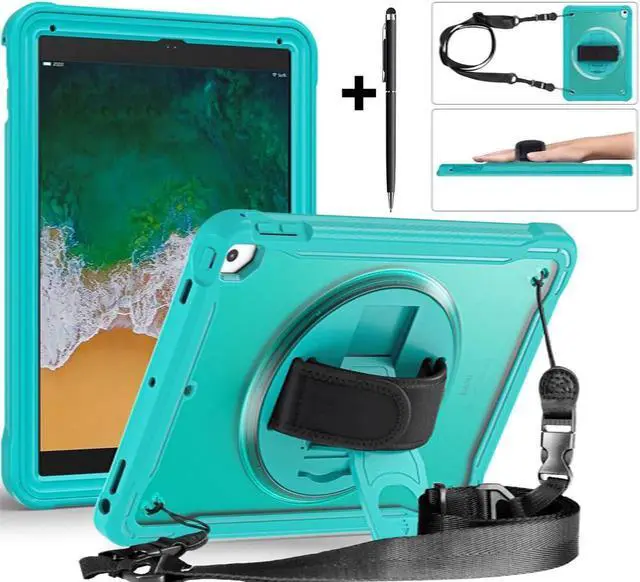 Main image of Case For iPad 6th 5th Generation, iPad 9.7 Inch 2018 2017, iPad Air 2, iPad Pro 9.7 Shcokproof Cover with Transparent Back, Pencil Holder, Rotating Stand, Hand/Shoulder Strap, Stylus Pen Light Blue