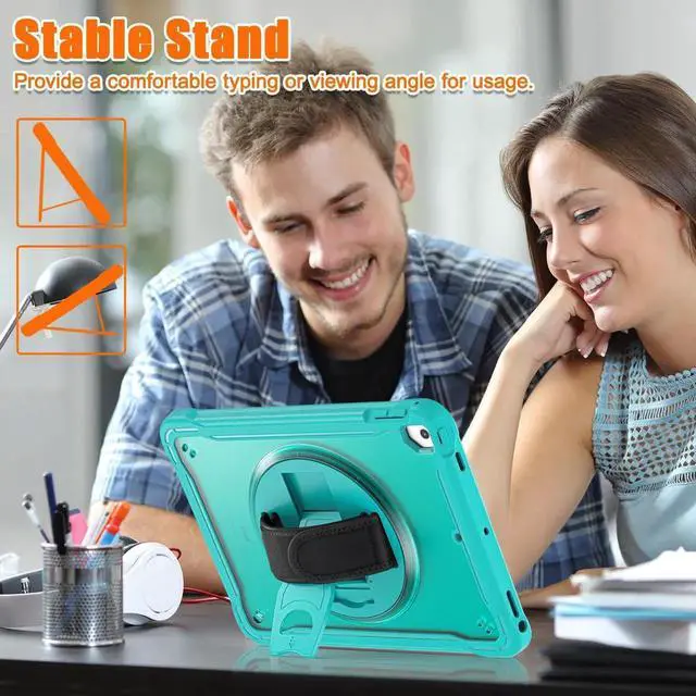 Alt view image 4 of 7 - Case For iPad 6th 5th Generation, iPad 9.7 Inch 2018 2017, iPad Air 2, iPad Pro 9.7 Shcokproof Cover with Transparent Back, Pencil Holder, Rotating Stand, Hand/Shoulder Strap, Stylus Pen Light Blue