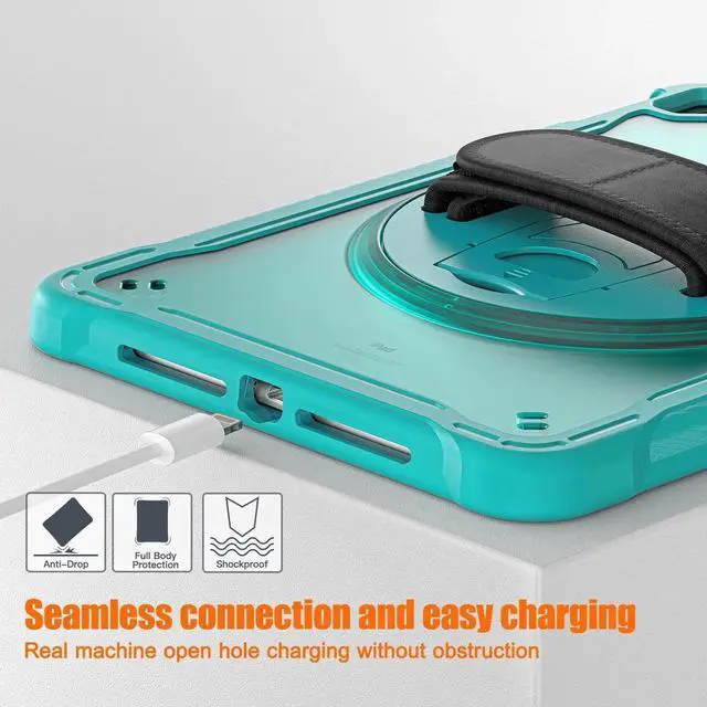 Alt view image 2 of 7 - Case For iPad 6th 5th Generation, iPad 9.7 Inch 2018 2017, iPad Air 2, iPad Pro 9.7 Shcokproof Cover with Transparent Back, Pencil Holder, Rotating Stand, Hand/Shoulder Strap, Stylus Pen Light Blue