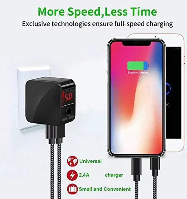 Alt view image 2 of 7 - Wall Charger Digital Travel Charger 2.4A Dual USB Port Charge Power Adapter with LED Display,IC Smart Explosion Protection and Foldable Plug,for iPhone,Android,Power Bank and More (Black)