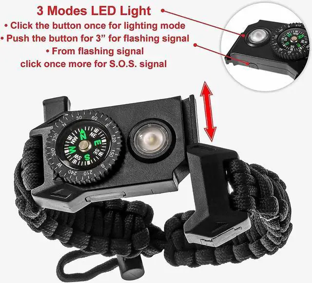 Alt view image 6 of 7 - 2 Packs Survival Paracord Bracelet with Compass Fire Starter LED Light SOS Emergency Knife Whistle for Outdoor Camping Hiking Travel