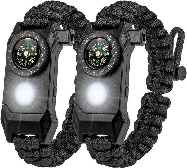 Main image of 2 Packs Survival Paracord Bracelet with Compass Fire Starter LED Light SOS Emergency Knife Whistle for Outdoor Camping Hiking Travel